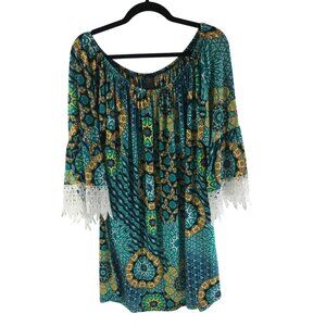 WinWin Half Sleeve Lace Tunic Dress Shift Geometric Green Yellow 2XL-3XL